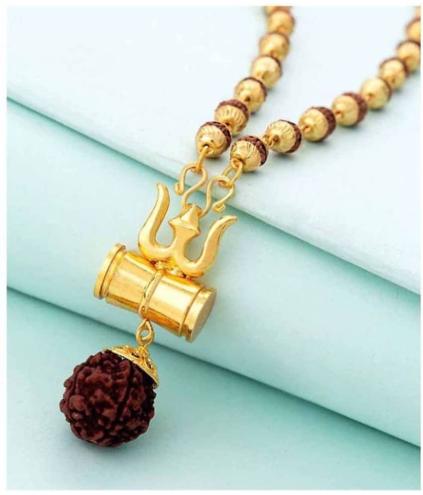 Green Spiritual Shiv Shakti Kavach 5 Mukhi Rudraksha Mala With Shiv Trishul & Damru Wood Chain (8mm 36Beads)