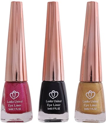 Looks United Metallic Long Lasting Intense Single Stroke Fashion Eyeliner (Metallic Blush Pink, Coal Black, Looks United Metallic Canary Yellow)Pack Of 3