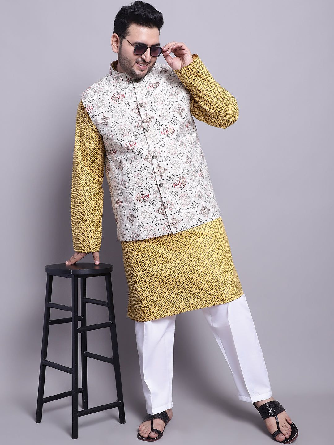Men's Cotton Linen Mustard Kurta and White Pyjama With Cream Cotton Nehrujacket-44
