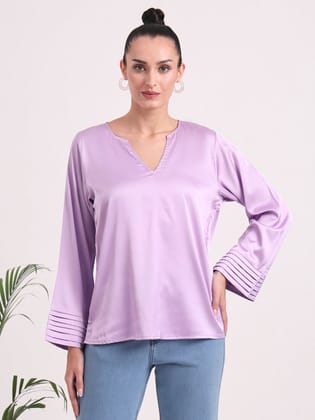 Women's European Satin V Neck Long Sleeve Top-M