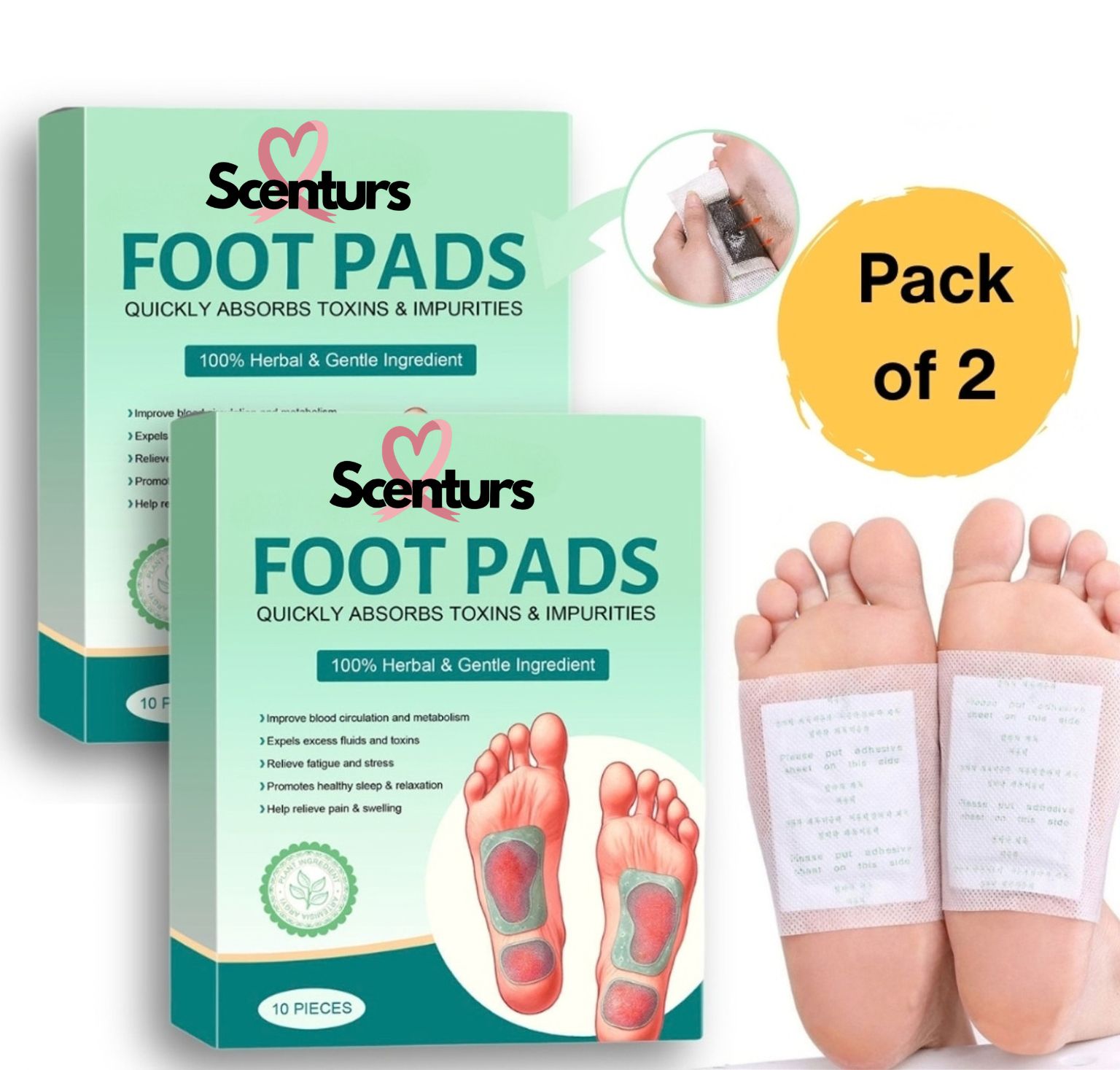 Scenturs Herbal Foot Detox Pads for Night Use | Bamboo Vinegar, Wormwood & Ginger Foot Patches | Relaxation & Wellness Foot Pads | 10 Pieces Each | Pack of 2