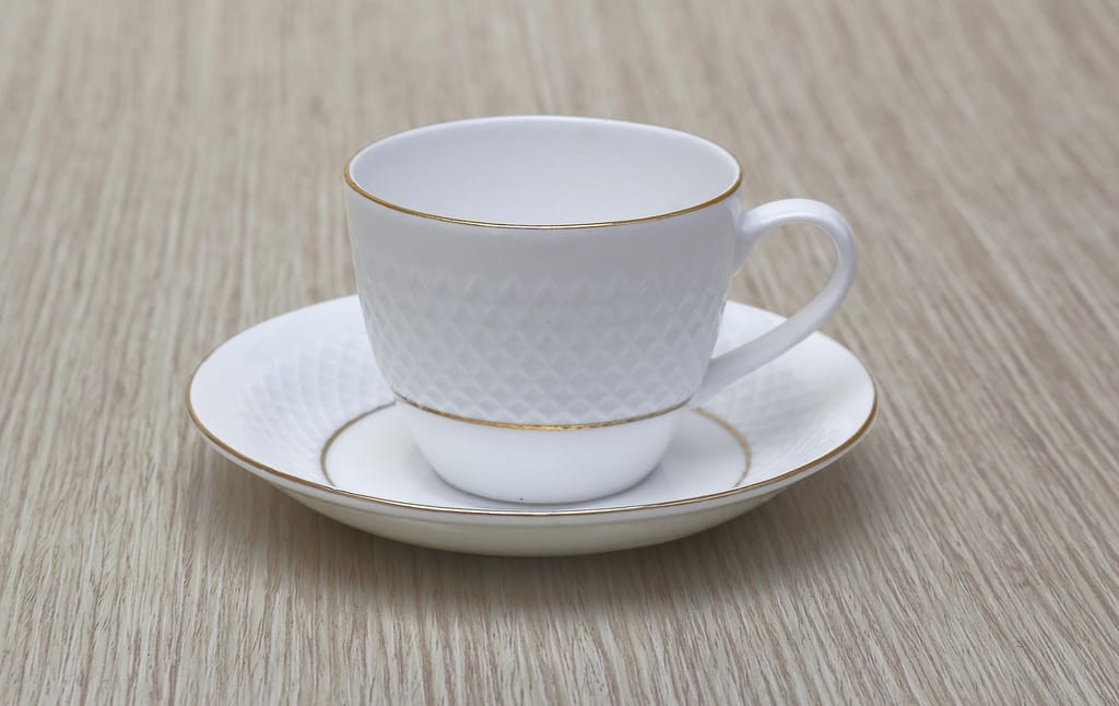 Femora Indian Ceramic Double Gold Line Diamond Cut White Tea Cups, Mugs and Saucer-200 ml - Set of 6 (6 Cups, 6 Saucer)