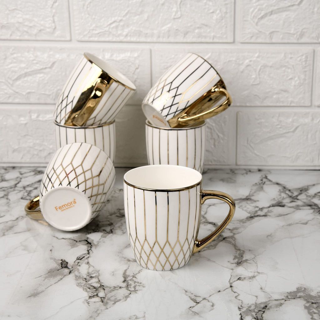 Femora Gloden Branch Pattern Golden Tea Mugs, Ceramic Tea Cups, Coffee Mugs (160 ml, Golden) - 6 Pcs Set