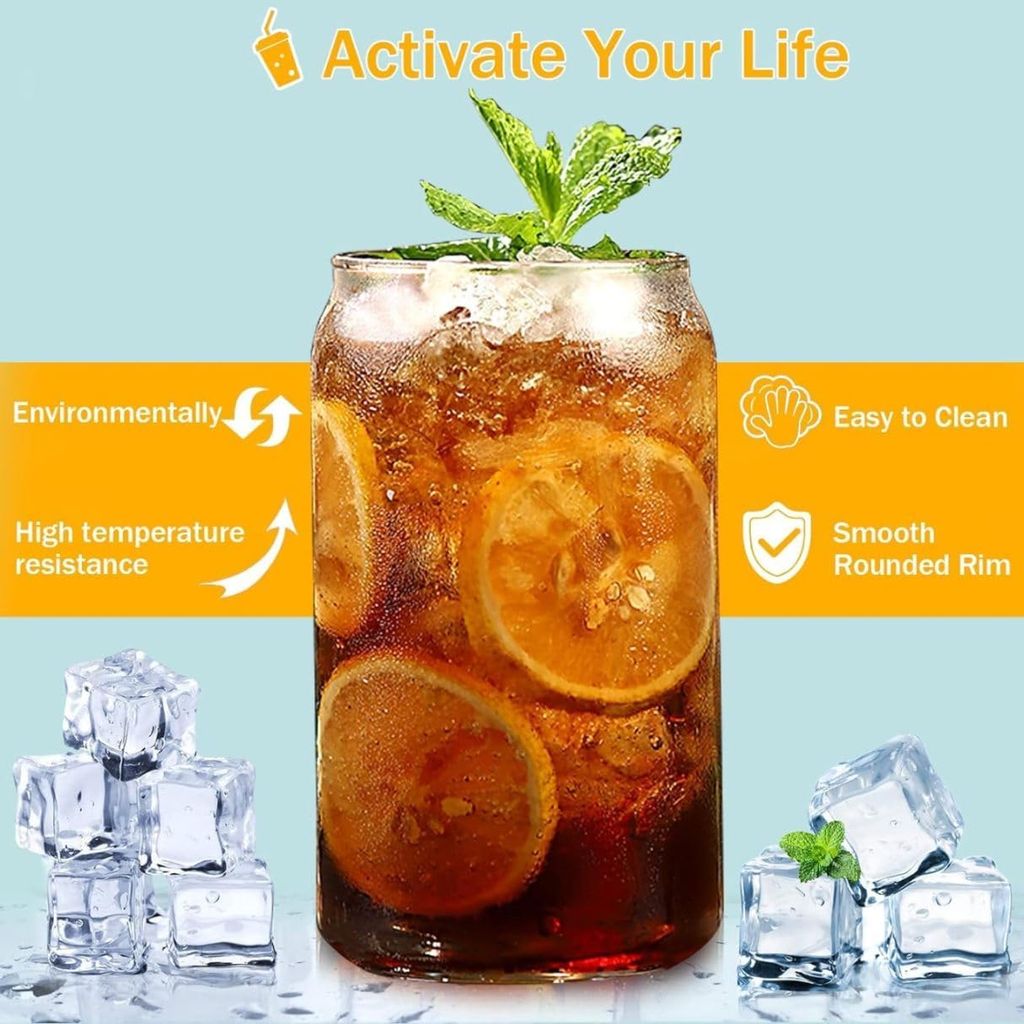 Drinking Glasses with Glass Straw Set of 2, 500ml Beer Glasses Can Shaped Glass Cups, Tumbler for Cold Coffee, Smoothies, Juice, Soda, Any Drink and Any Occasion