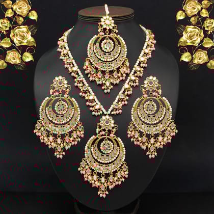 Pink Color Kundan Mirror Necklaces Set-Adjustable Rope / Pink / Alloy With Good Quality Gold Plated