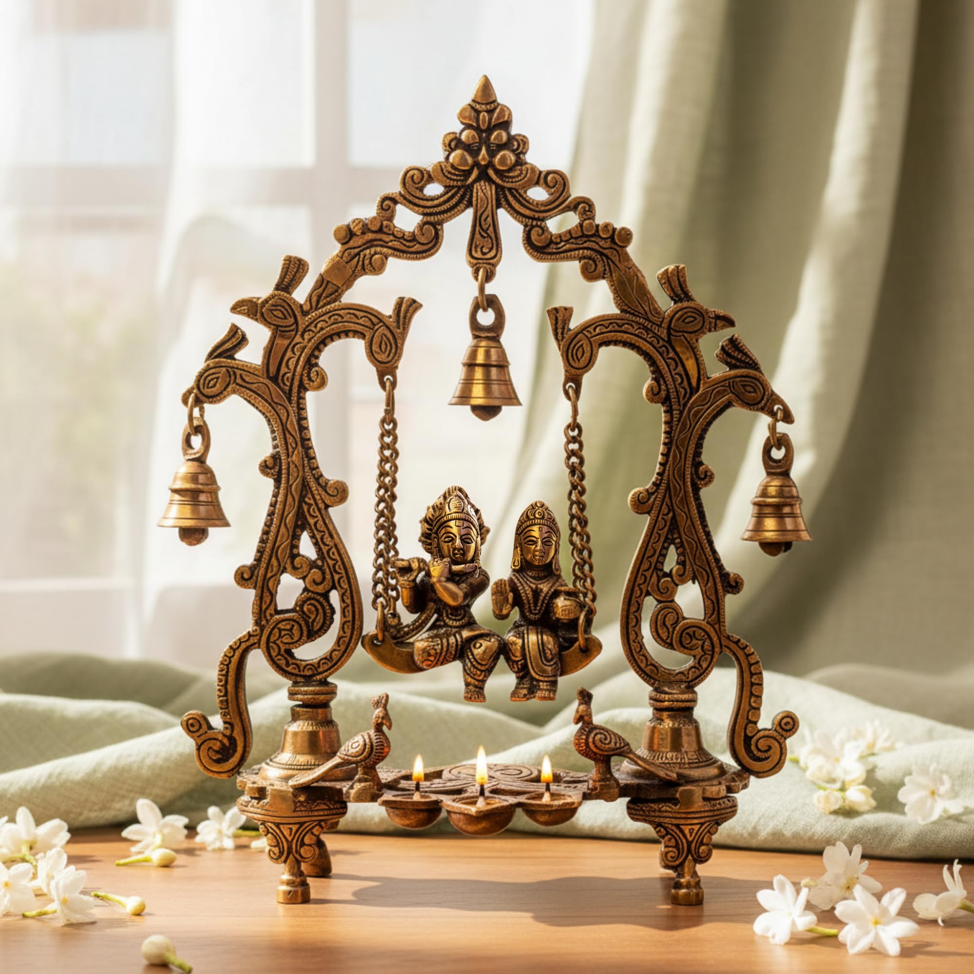 Sukh Sehaj Shree Radha Krishna Jhula | Handcrafted, Antique Finish, 14.1 Inch Length, for Home Temple, Decor, Pooja Ritual and Gifting