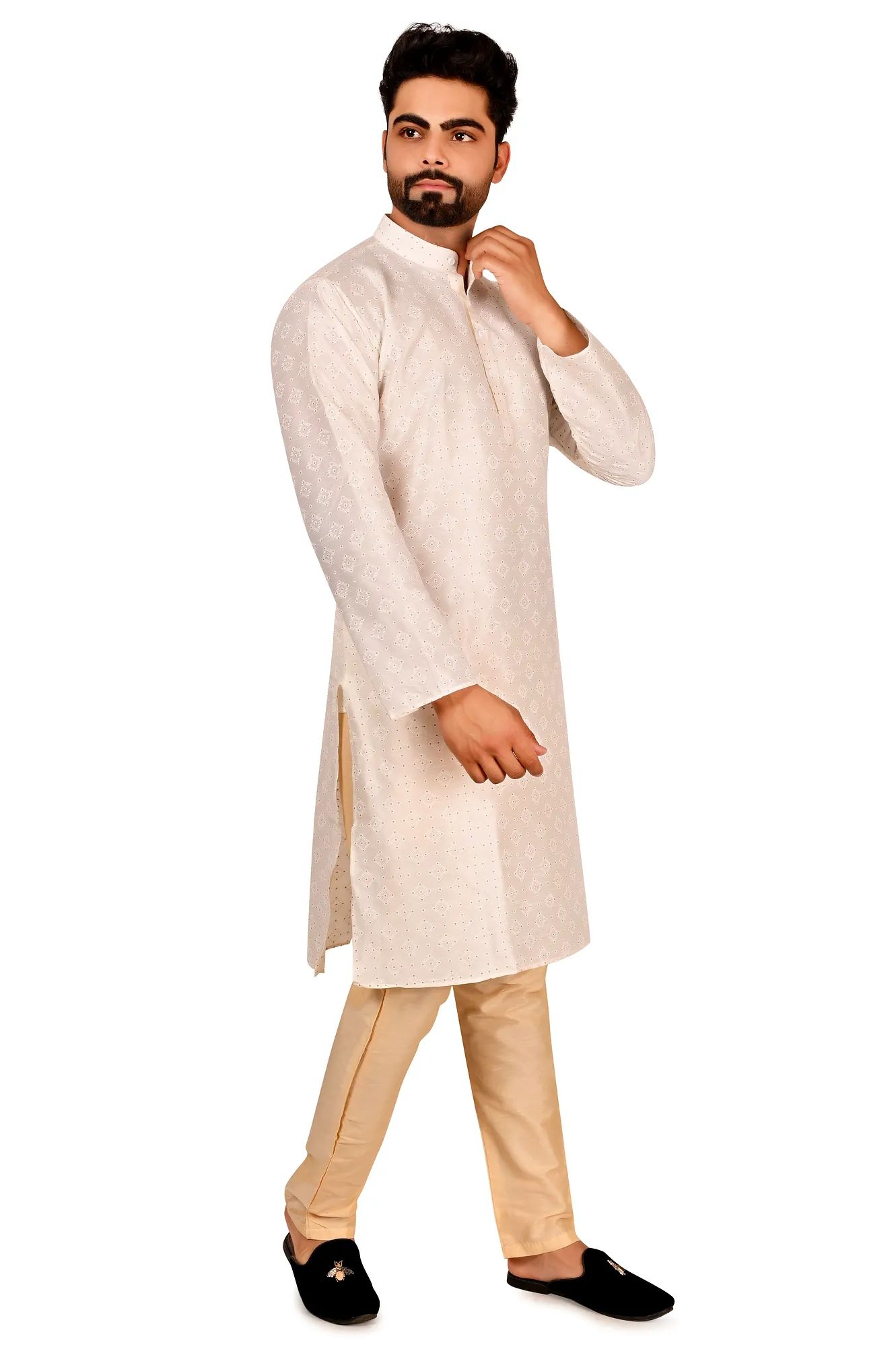 Designer Geometrical Printed Silk Kurta Set For Men (Color - White, Size - 36) by G P International