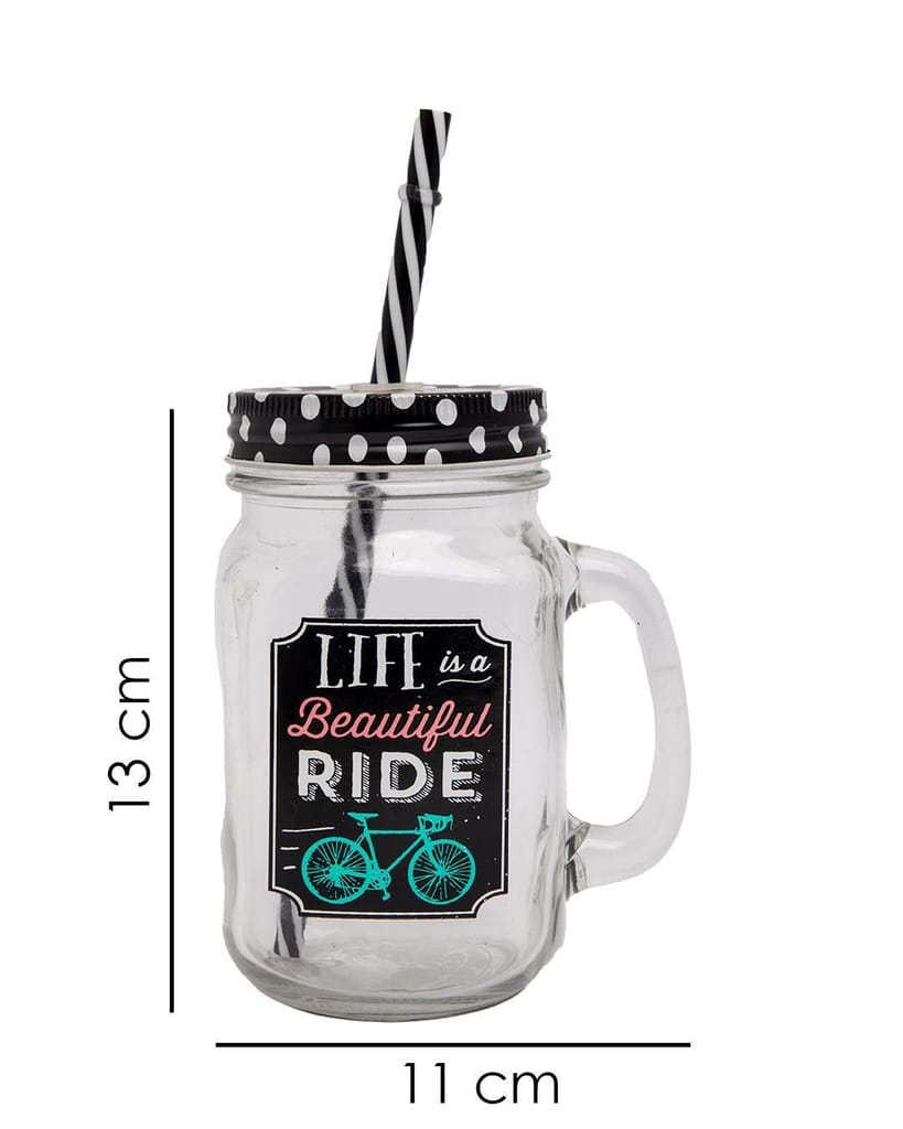 Mason Jar, with Straw & Lid, Black, Glass, 450 mL