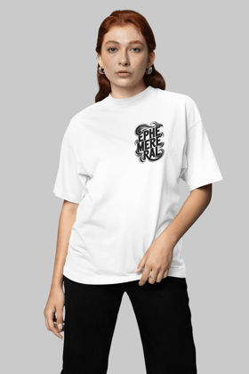 Ephemeral- Round Neck Drop Shoulder Graphic Printed Oversized Cotton T-shirt-S / White