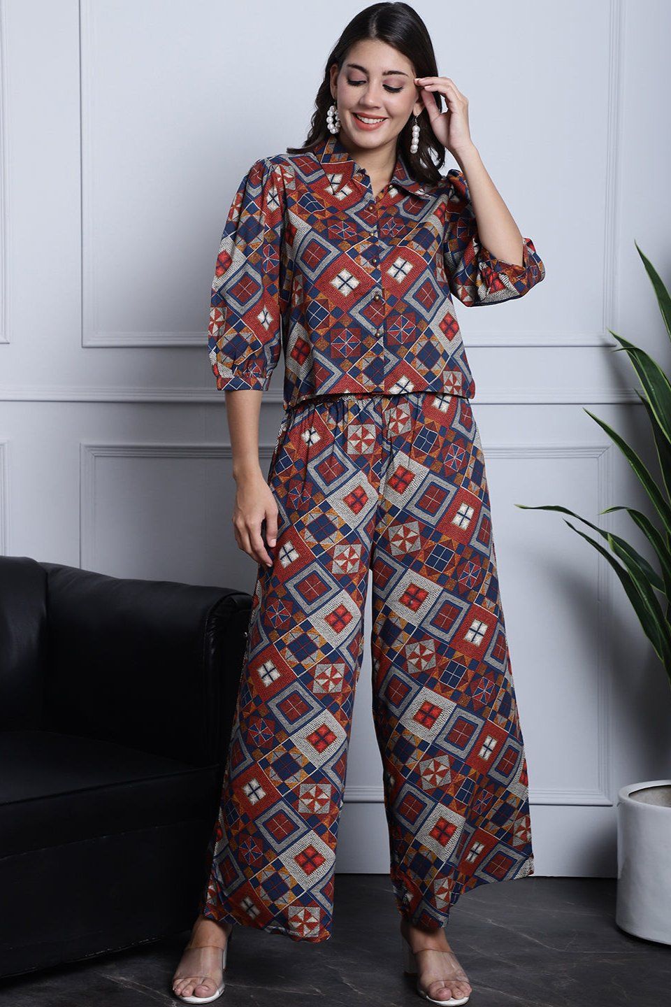 Rust Color Abstract Printed Viscose Rayon Co-ord Set-s
