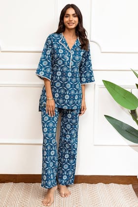 Blue Color Floral Printed Pure Cotton co-ord set-S