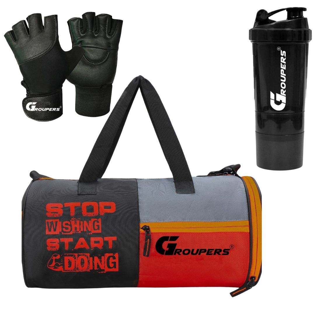 GROUPERS  Duffel Bag l Gym Bags l Gym Gloves l Gym Shaker Bottle-500 ML