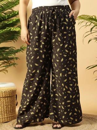Bright  Black Tropical Print Elasticated Plus Size Women Pant-2XL