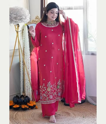 kedar fab Women Cotton Blend Embroidered Straight Kurti With Palazzo ( Pink )