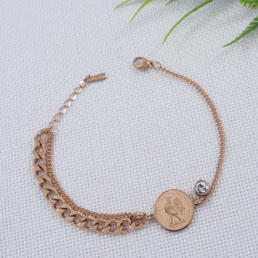 Stainless Steel Gold/ Rosegold Plated Rooster Coin Charm Bra