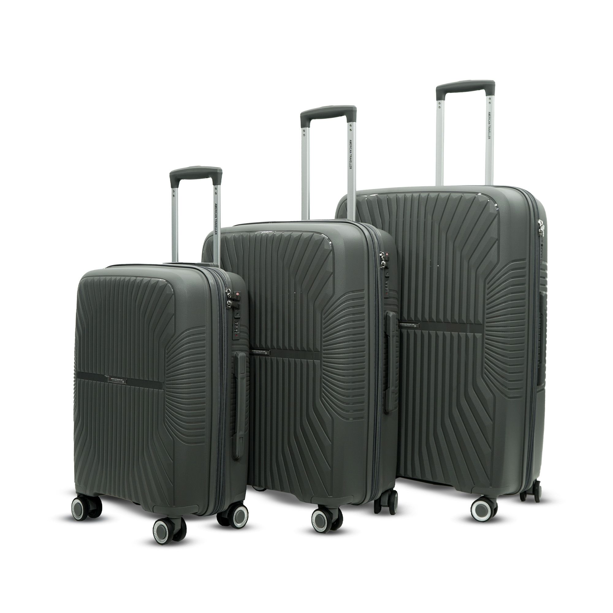 American Traveller Tourispro Trolley bag for travel Set of 3 |Suitcase for Travel |Leightweight Large Luggage traveling bag big size| Polypropylene(Pp) bags with Expandable 8 wheels (3, Charcoal Grey)