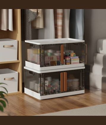 PrettyKrafts Foldable Storage Bins with Lids & Wheels | Collapsible Plastic Storage Box with Double Door | Front & Top Opening Rolling Organizer for Toys, Clothes & Home Essentials,