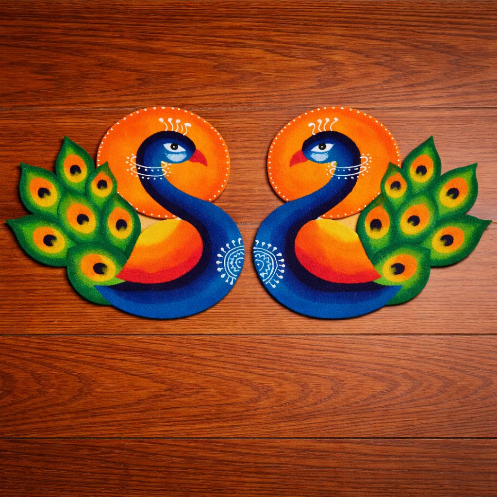 Madhura’s Creations Pair of Peacock Rangoli Patches on Plastic Sheet | Multicolour Traditional Design | Real Rangoli Colours | Reusable | Set of 2