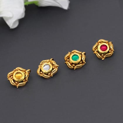 Multi Color Kundan Nose Pin Combo Of 4 Pieces (NSP137CMB)-Length: 1.50 CM x Width: 1.50 CM | / Gold / Alloy With Good Quality Gold Plated