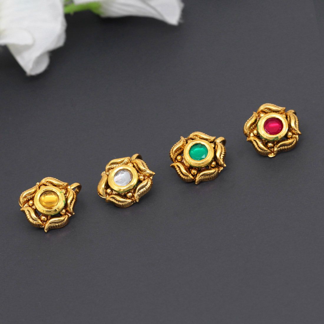 Multi Color Kundan Nose Pin Combo Of 4 Pieces (NSP137CMB)-Length: 1.50 CM x Width: 1.50 CM | / Gold / Alloy With Good Quality Gold Plated