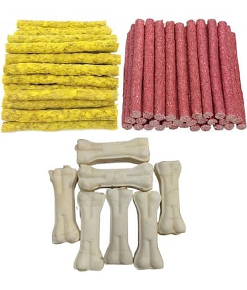 The Treat Home Easily Digestible (Chicken, Mutton) Munchy Stick (300Gm) And Calcium Rawhide (4 Inch7) Bone For Dog Treats