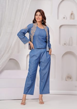 Embroidered Serenity Blue Cord Set with Jacket-BLUE / S