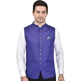 PrintCulture Men Self Design Blue Cotton Blend Nehru Jacket