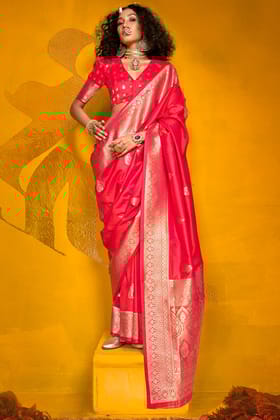 Tomato Pink Spun Silk Saree With Blouse Piece