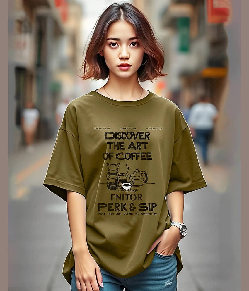 ENITOR Women Cotton Blend Printed Oversized Round Neck T-Shirt ( Grey )