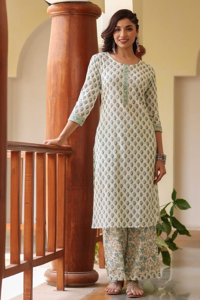 Off White Cotton Blend Gotta Patti Kurta Set VKSET1141 - Kurtas & Kurta Sets | Buy online on ZillyBuy