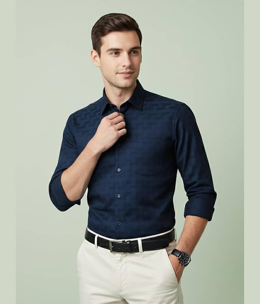 Yugnik Cotton Blend Slim Fit Self Design Full Sleeves Men's Casual Shirt - Navy ( Pack of 1 )