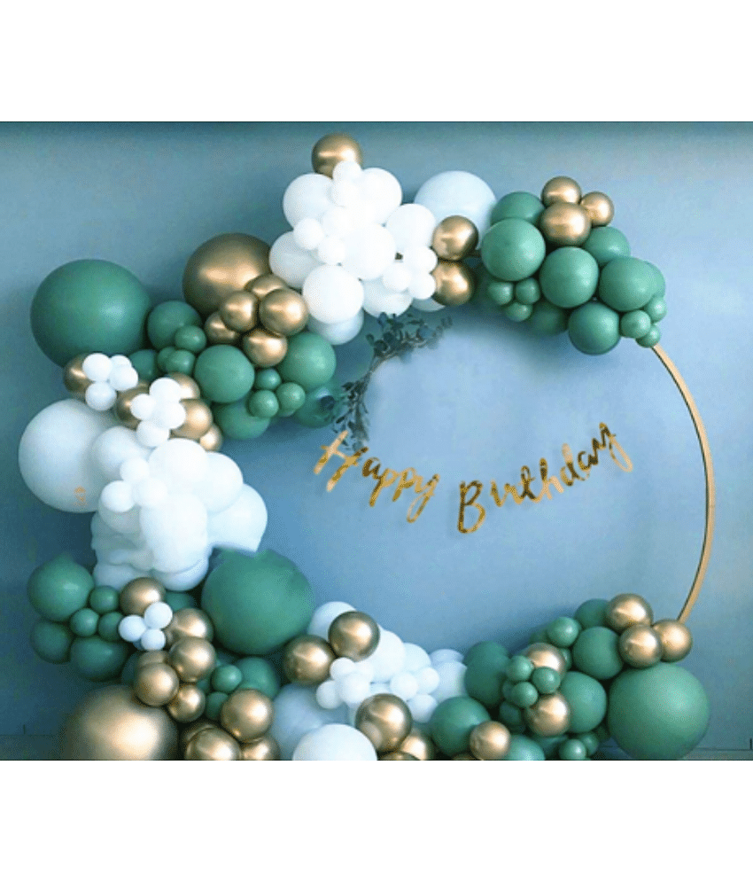 Jolly Party   Birthday Decoration Kit 120 Pcs Combo - Gold Birthday Banner + 98 Pc Green White Metallic Balloons + 20 Gold Chrome Balloons with Balloon Pump