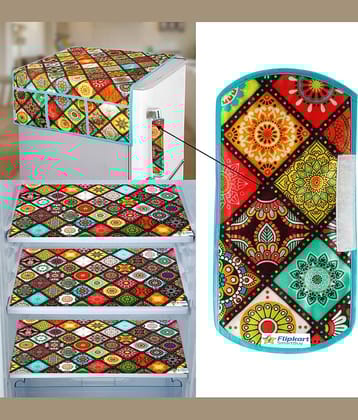 Crosmo Polyester Floral Printed Fridge Mat & Cover ( 64 18 ) Pack of 5 - Red