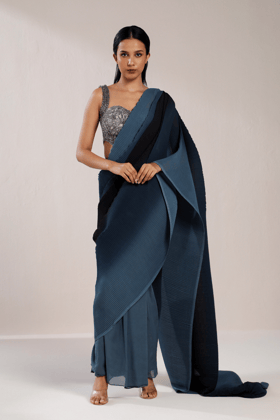 NAVY BLUE OMBRE PLEATED SAREE WITH CORSET BLOUSE-XS