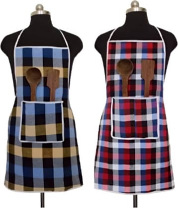 CreadCraft Cotton Checks Kitchen Apron with 1 Center Pocket ( Pack of 2 )