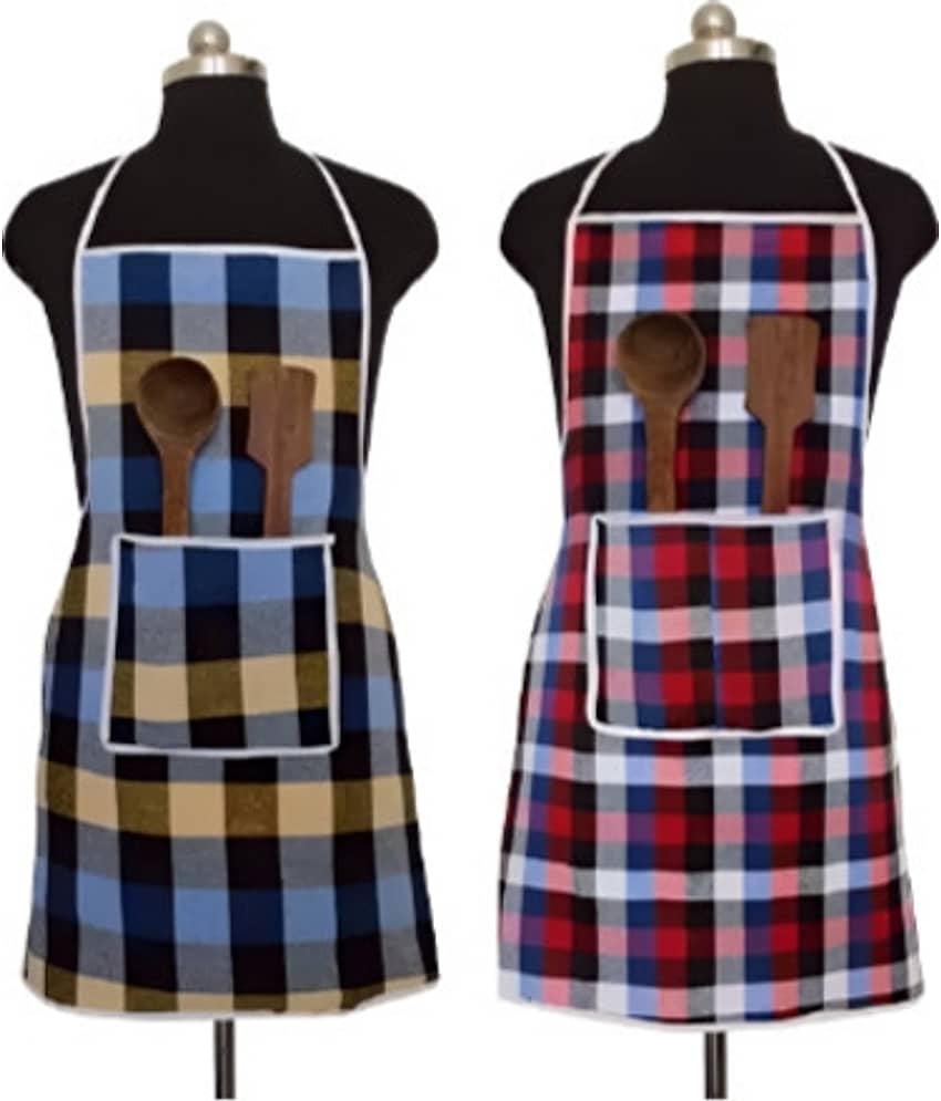 CreadCraft Cotton Checks Kitchen Apron with 1 Center Pocket ( Pack of 2 )