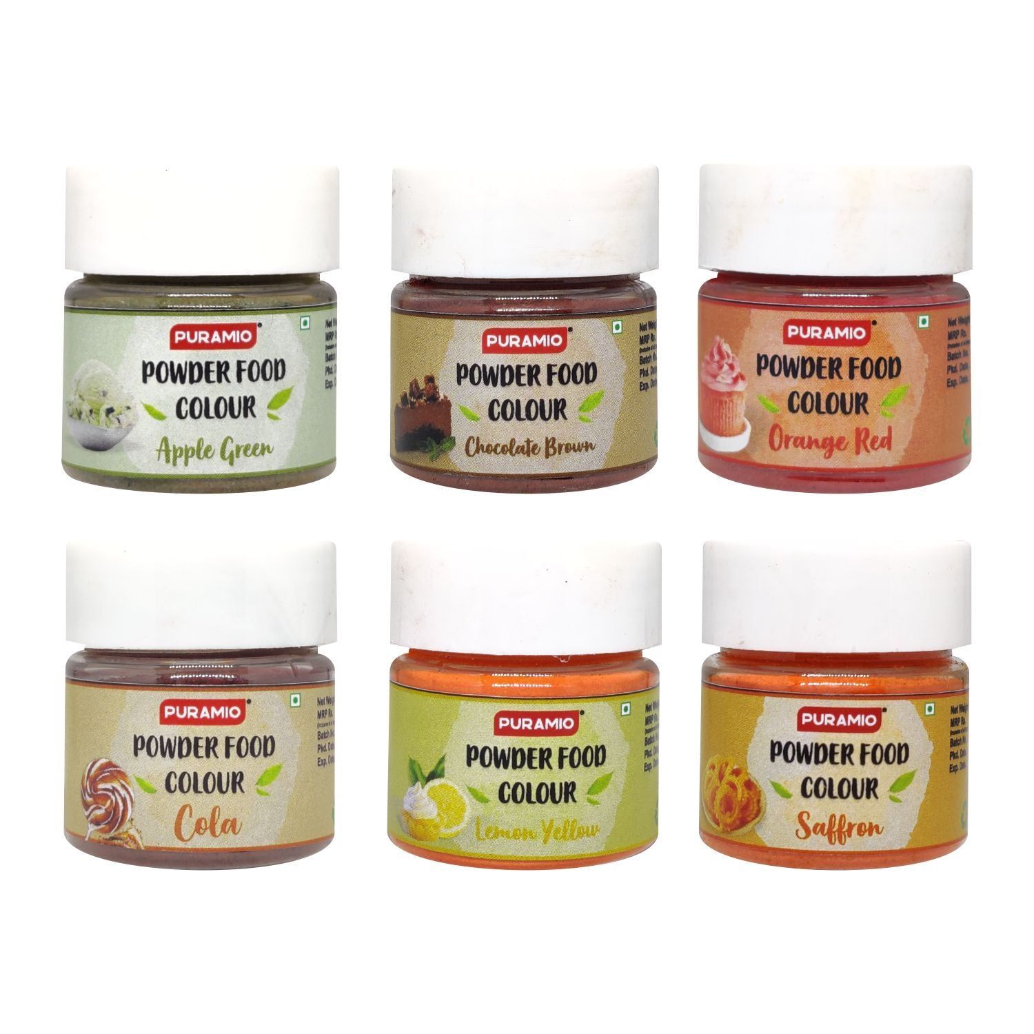 Puramio Powder Food Colour Combo (Apple Green, Chocolate Brown, Saffron (Kesari), Cola, Lemon Yellow, Orange Red) 20 gm Each - Pack of 6
