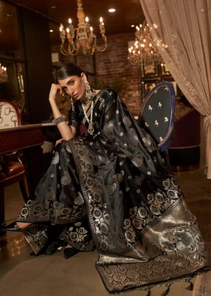 Black And Gold Banarasi Woven Satin Silk Saree