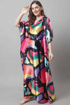 Pink Abstract Printed Satin Kaftan Maxi Nightdress For Women-s