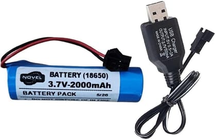 NOVEL 3.7V 18650 Lithium-Ion Rechargeable Battery 2000mAh with USB Charging Cable | Suitable for RC Cars, Excavator Toys, DIY Electronics and Learning Projects