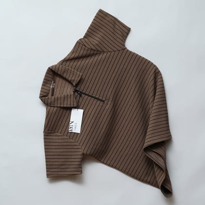 Men’s Zipper T-Shirt Camelet Checks Fabric | Striped Pattern | Coffee-M