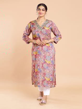 Kalyan Silks Multi Colored Floral Printed Pink Color Kurti Top