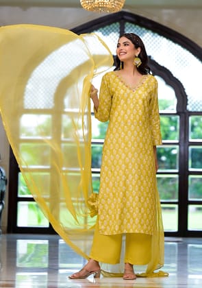 Yellow Printed Muslin Straight Kurta & Trouser With Dupatta-L