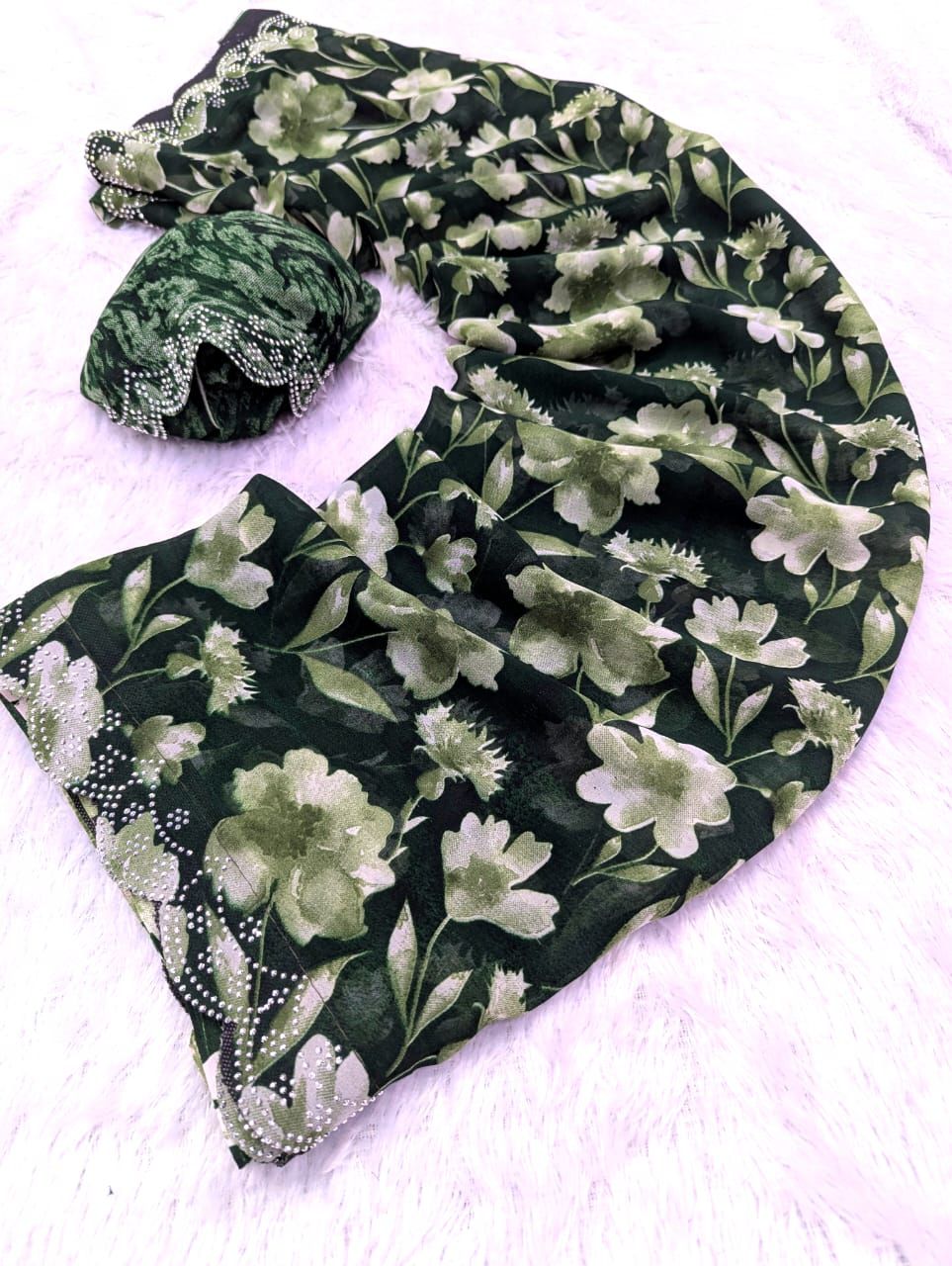 Georgette flower print saree-Swaroski border