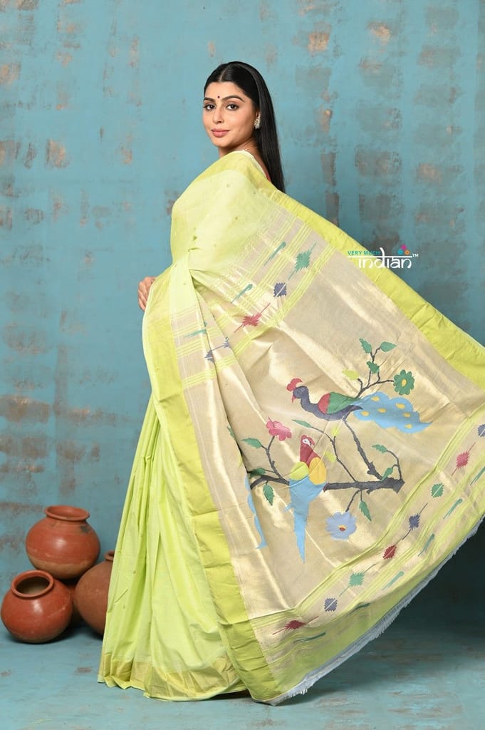 Tyohaar ~ Handloom Pure Cotton Paithani With Parrot Peacock Pallu~ Lime Green - Sarees | Buy online on ZillyBuy