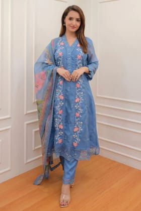 Anarkali Embroidery Dress With Digital Print Organza Floral Dupatta-M (38)