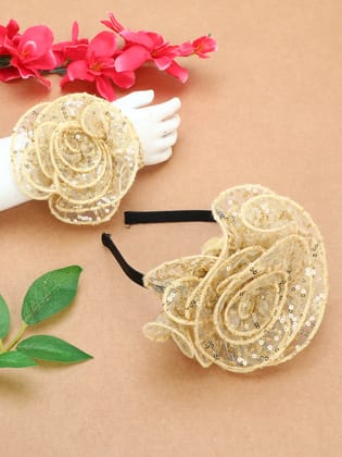 Sequins Flower Bracelet & Hairband Set-Gold-one Size / Gold