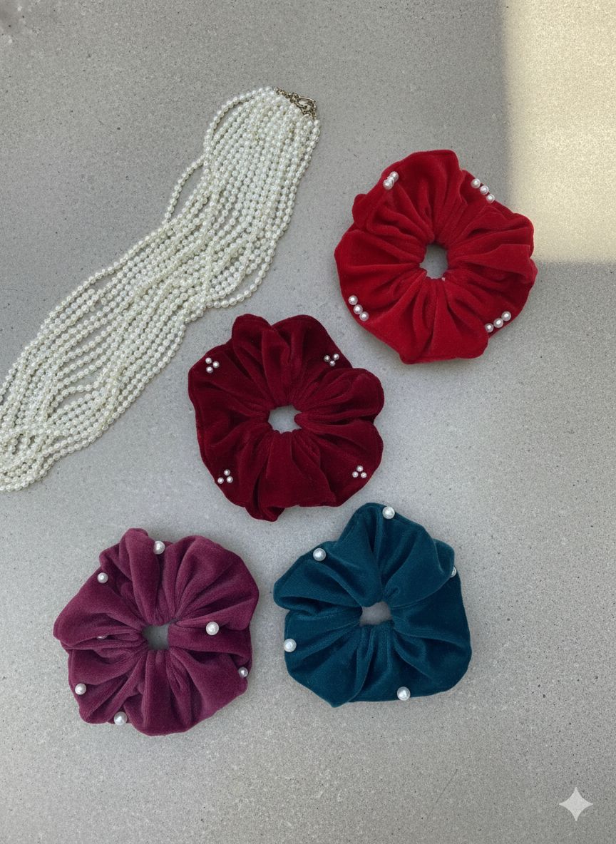 ARTFUL THREAD Velvet Scrunchies for Women with Pearl Detailing | Soft, Stretchable Hair Bands | 4-Piece Set