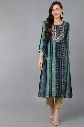 Navy Blue Viscose Rayon Geometric Embroidered Straight Kurta VCK9061