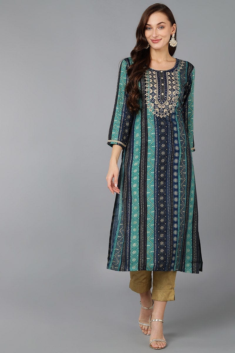 Navy Blue Viscose Rayon Geometric Embroidered Straight Kurta VCK9061